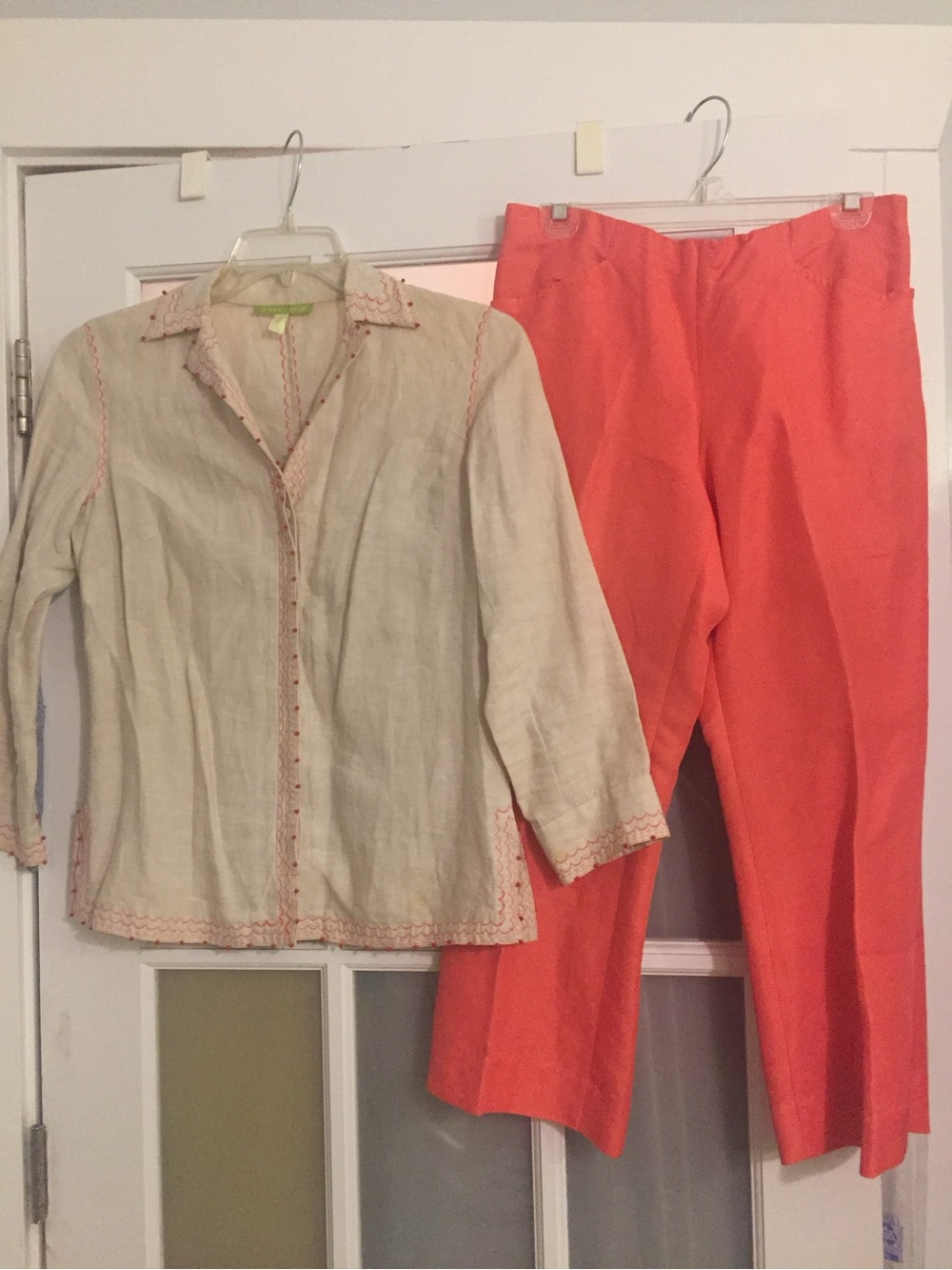 Sigrid Olsen Pant Set w/ Beige Linen Top with Coral Cropped Pants Size Small 6
